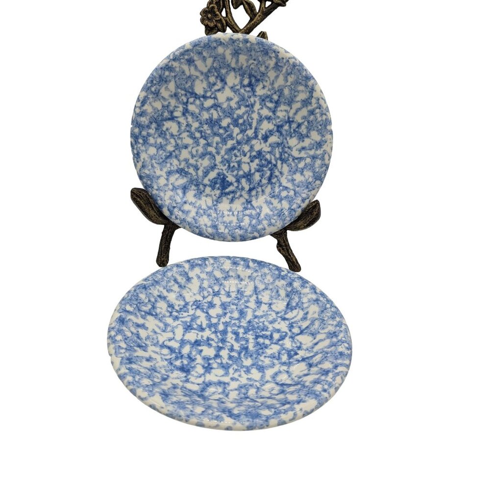 Bentson West Splatter Spongeware 8 Salad Dessert Plates Blue White Cottage 2pc